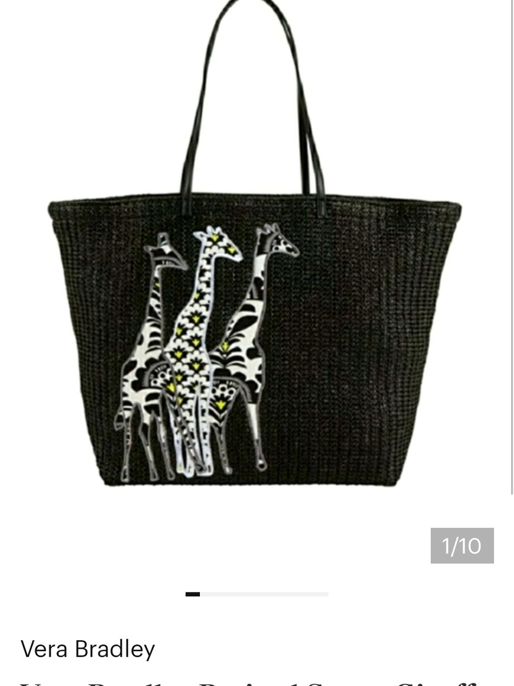 Vera Bradley Black Woven Tote with Giraffe Appliqué